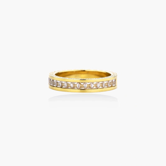 14K gold-plated band with channel-set zirconia and Greek key pattern engraving on polished finish