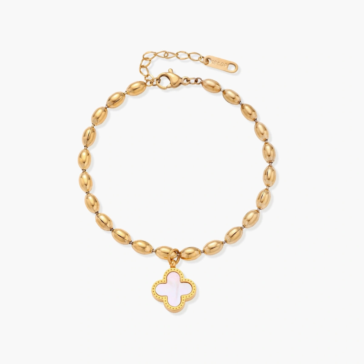 18K gold-plated oval bead bracelet with a four-leaf clover charm in mother-of-pearl or black enamel, adjustable lobster clasp, on white background.