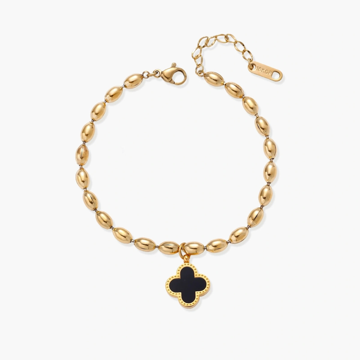 18K gold-plated oval bead bracelet with a four-leaf clover charm in mother-of-pearl or black enamel, adjustable lobster clasp, on white background.