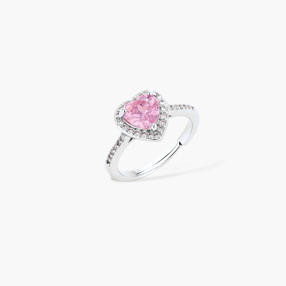 Pink heart-shaped cubic zirconia jewelry set with white gold plating featuring necklace, earrings, bracelet and ring