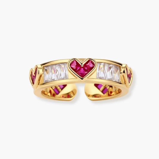 Gold-plated adjustable ring with alternating red heart-shaped and clear rectangular zirconia stones in geometric pattern
