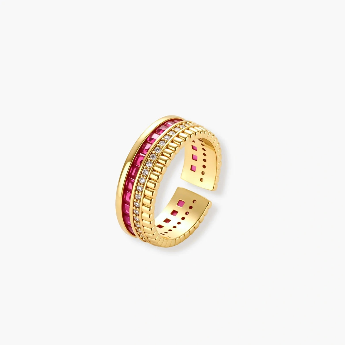 Three-piece jewelry set featuring 14K gold plated pieces with deep red cubic zirconia stones and clear crystals on cream background.